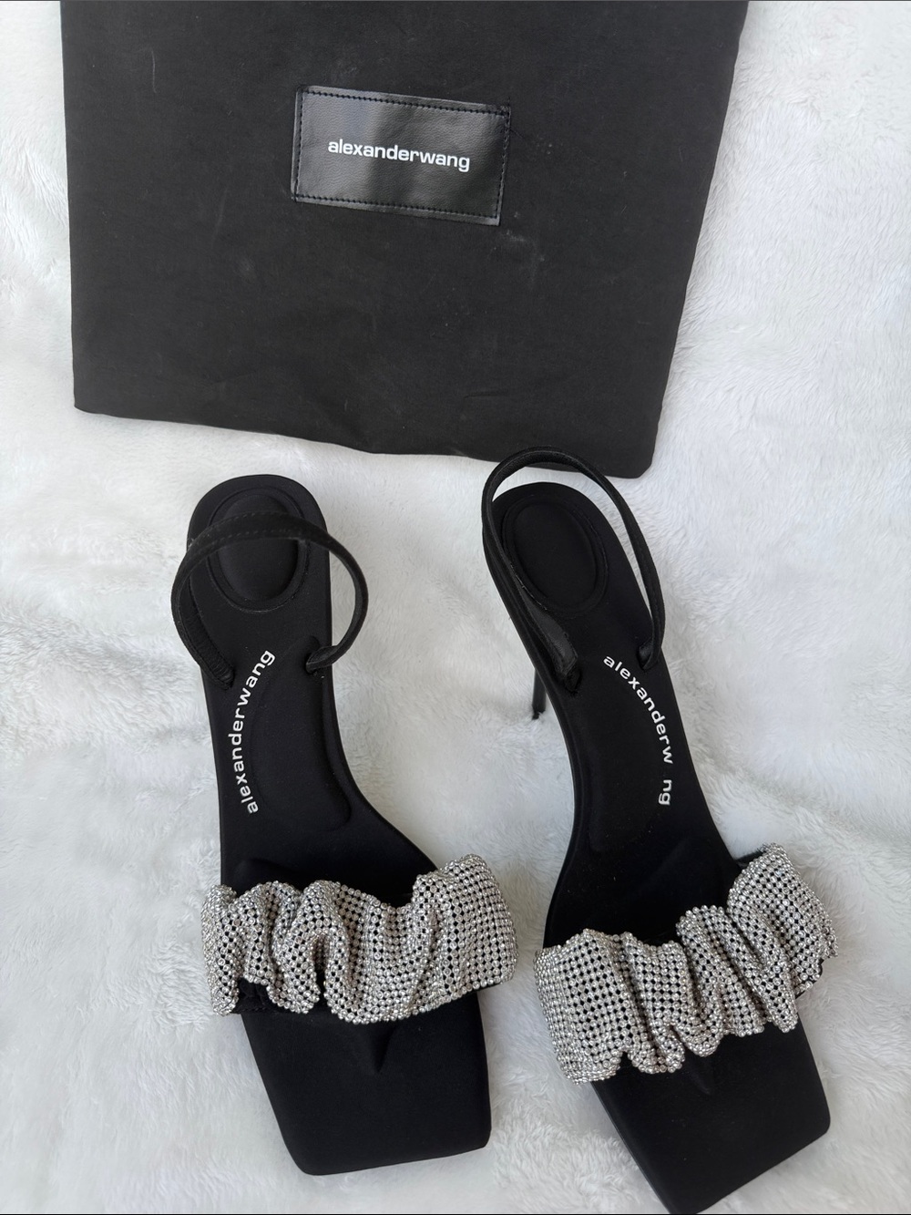 Authentic Alexander Wang Black Slingback Heels with Silver Crystal Ruffle